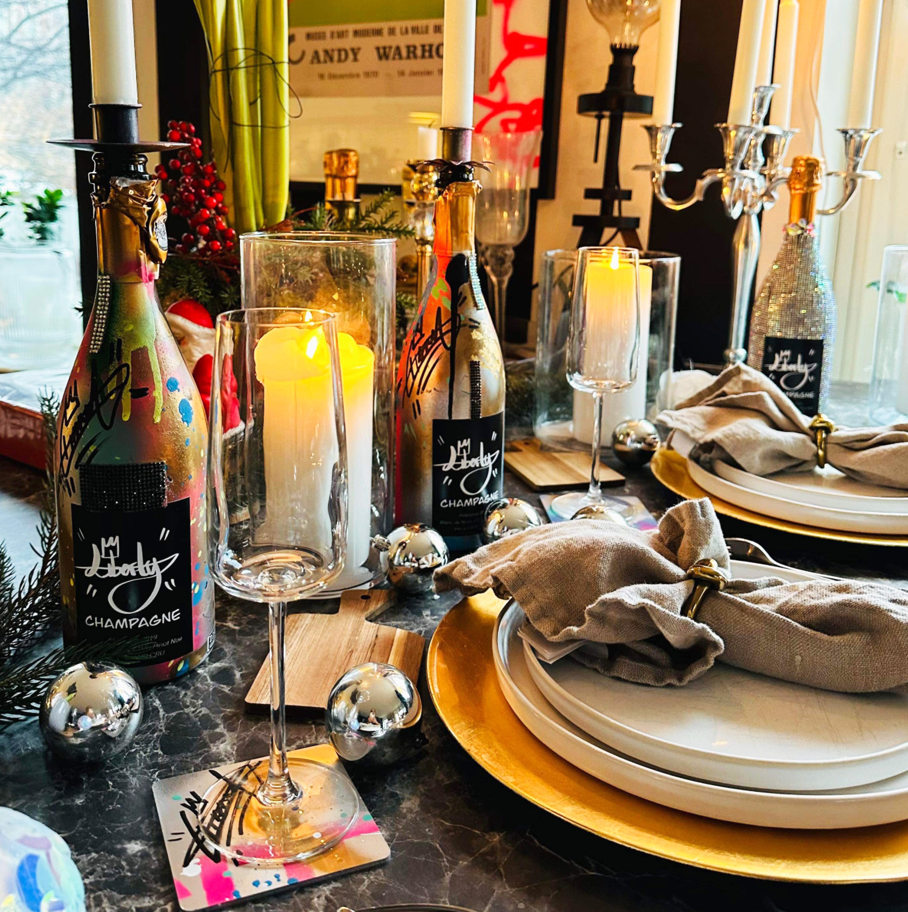 Ljushållare och glasunderlägg Liberty Champagne, handmålade