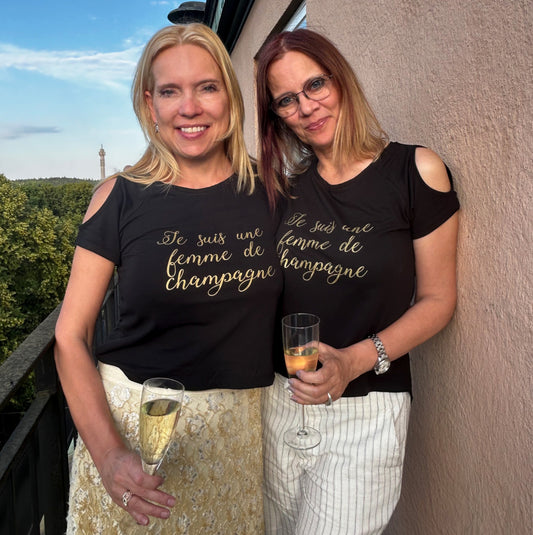 Svart champagne t-shirt dam med guldtext