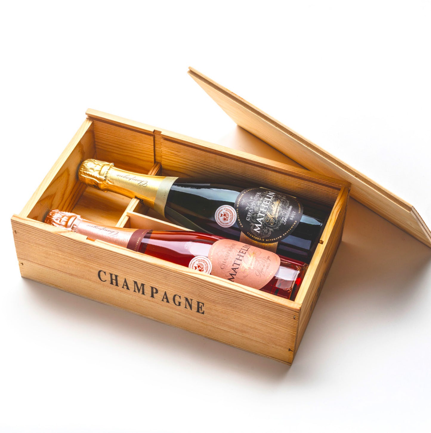 Champagnelåda trä 2 flaskor, bild med flaskor