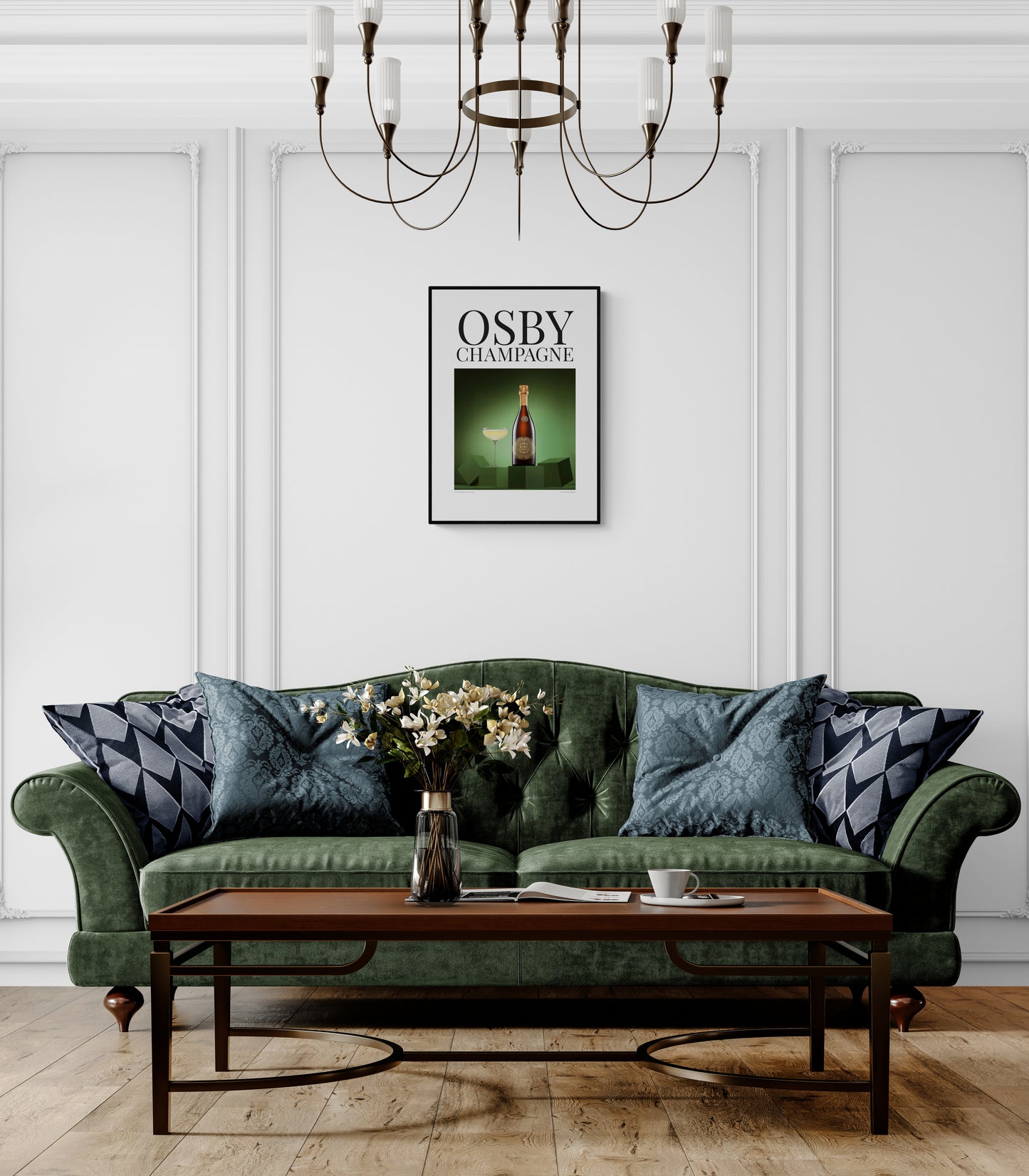 Poster Osby Champagne – svensk Grand Cru känsla. Miljöbild vardagsrum.
