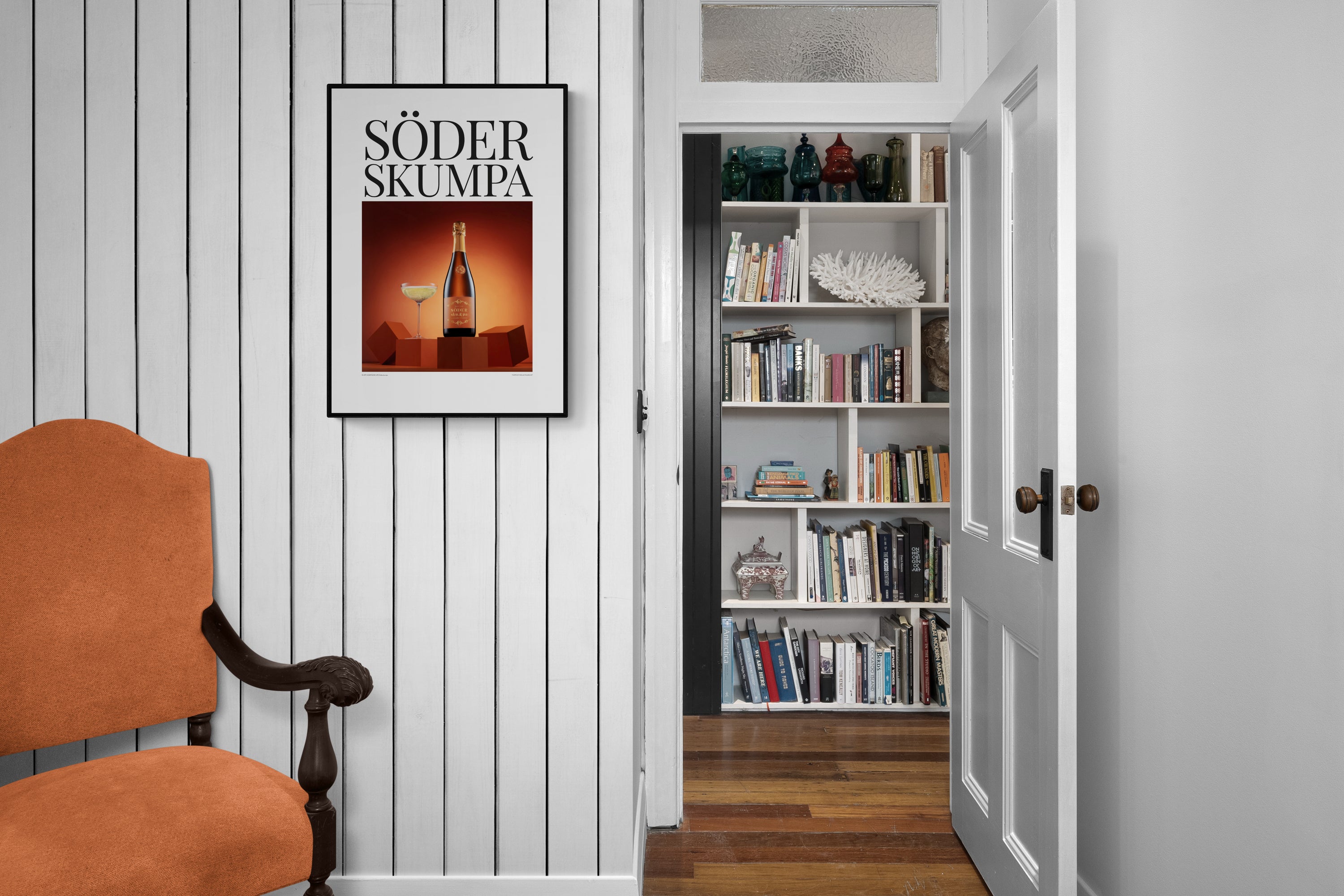 Poster Söderskumpa – nordisk champagneglädje tillägnad Södermalm i Stockholm. Miljöbild bibliotek.