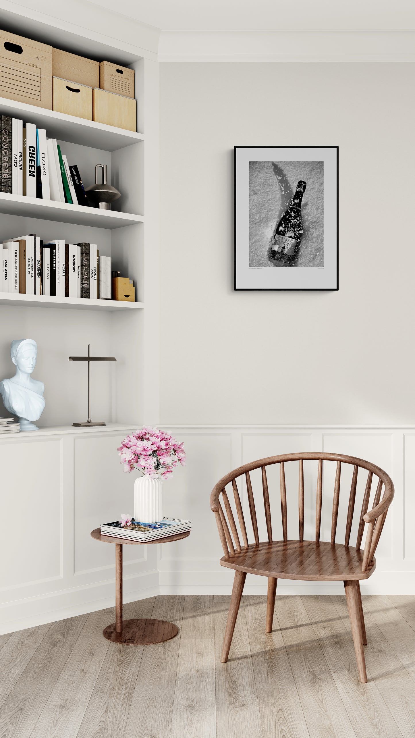 Poster Champagne i snö– vintrigt konstfoto. Miljöbild vardagsrum.