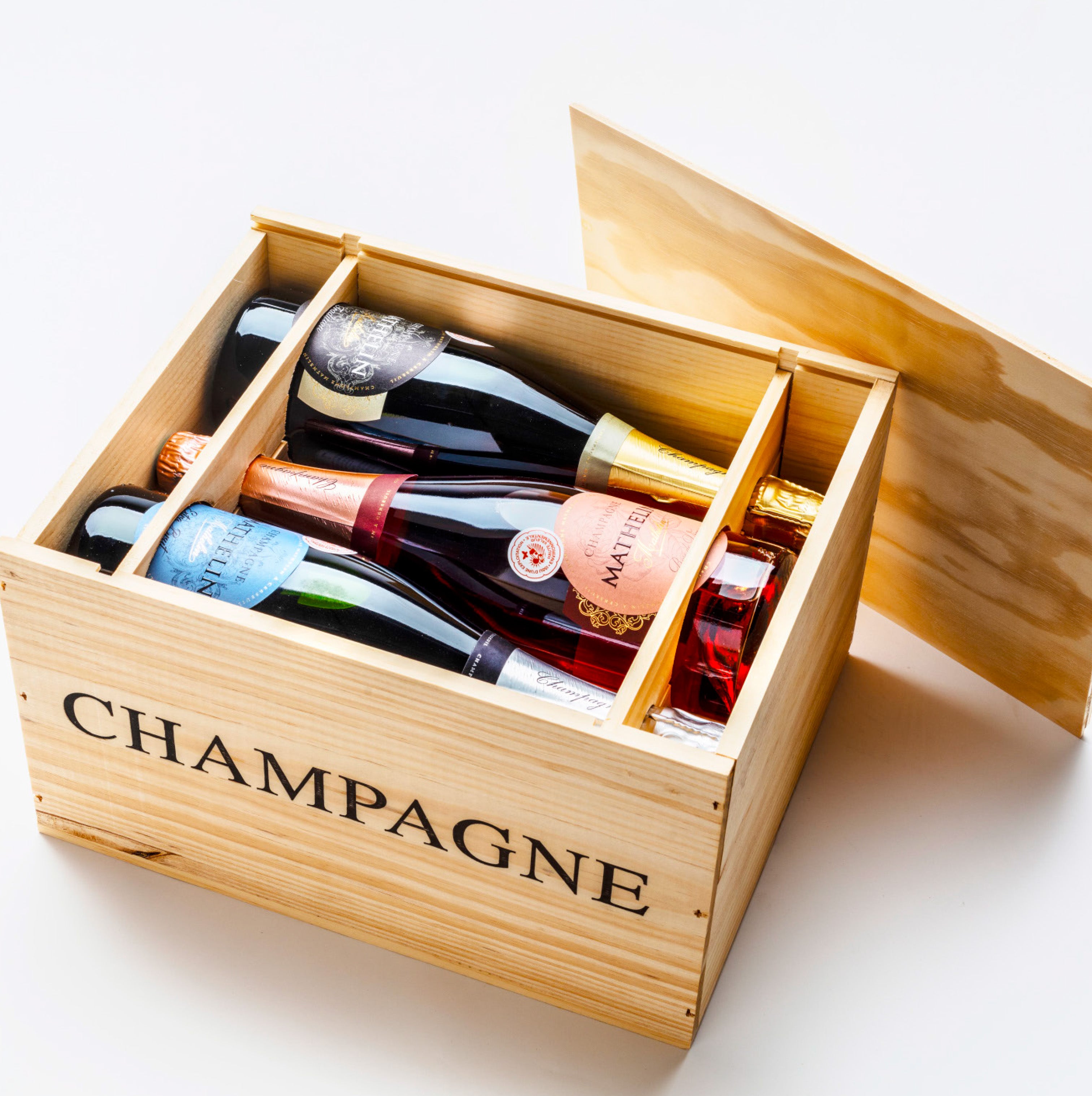 Champagnelåda trä 6 flaskor, bild med flaskor