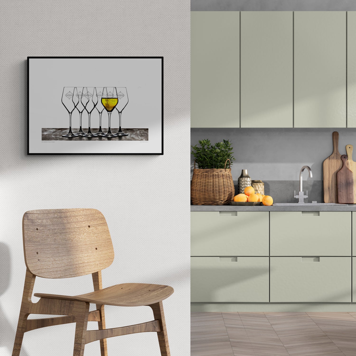 Festlig Fine Art tavla med champagneglas och bubblor i större format 70x50 cm. Miljöbild kök. 